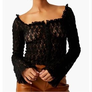 free people XS-S Madison Black Hook Eye Cropped Bell Sleeve Lace Top